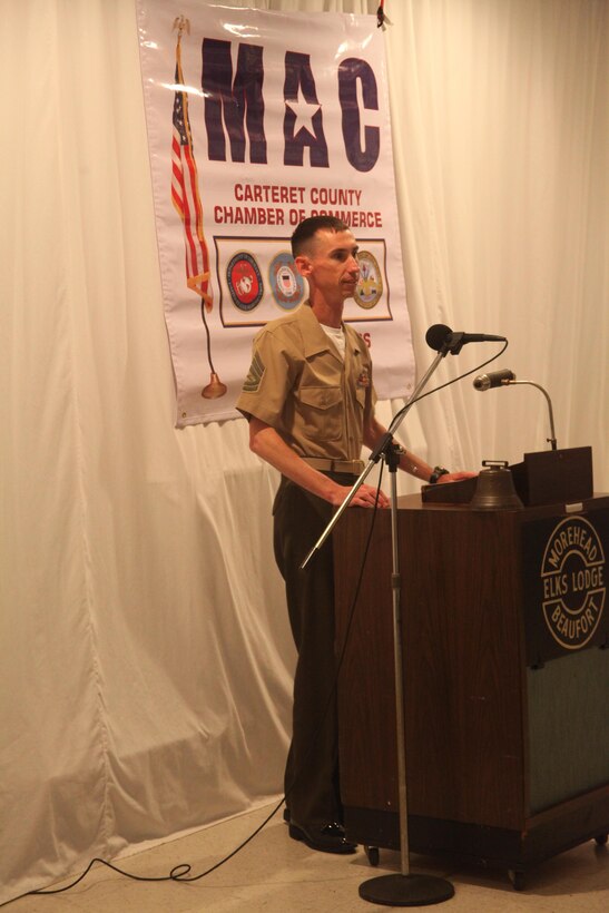 Gunnery Sgt. Brian P. Faulk speaks during the Service Person of the Quarter luncheon Friday. Faulk is the accident investigation chief of the Provost Marshal’s Office. His dedication to duty led to him earning the award.