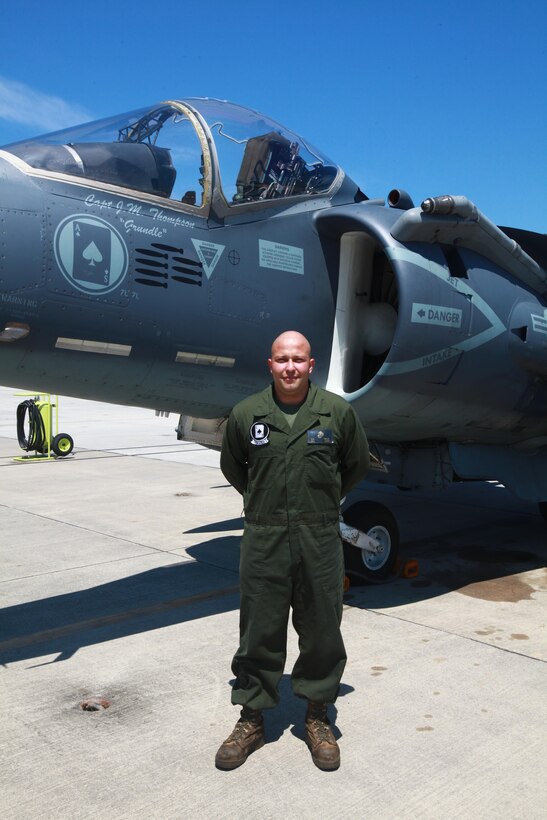 Cpl. Carlos A. Mejia stands in front of an AV-8B Harrier on the Cherry Point flightline Monday. Mejia is the AV-8B Harrier fixed-wing aircraft airframes mechanic noncommissioned officer in charge. 