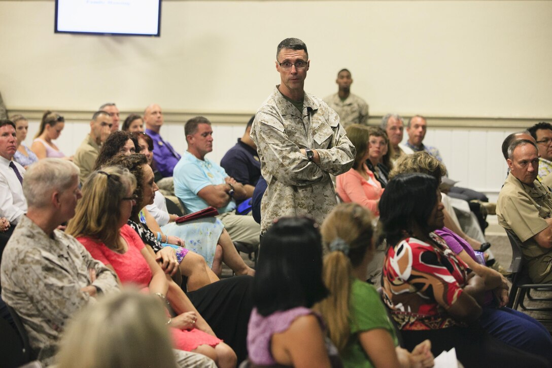 Brig. Gen. Robert Castellvi speaks to attendees during his first town hall meeting at the Russell Marine and Family Services center aboard Marine Corps Base Camp Lejeune, Aug. 22.