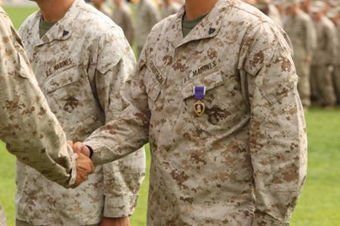 Cpl. Samuel Robertson, A-Gunner, 2nd Battalion, 7th Marine Regiment is pinned with a Purple Heart medal at Lance Cpl. Torrey L. Gray Field Aug. 26, 2013. The Marines earned the medals for their actions while deployed to Afghanistan in support of Operation Enduring Freedom. Robertson’s mine resistant, ambush-protected vehicle was hit by an 80-pound improvised explosive device Feb. 2. Cutler and Schafer were also hit by I.E.D’s while riding in an MRAP March 24. “The Purple Heart was established by Gen. George Washington and is a very respected medal,” Smith said. “We have a lot of good Marines in this unit and we will continue to do what we are trained to do.”


