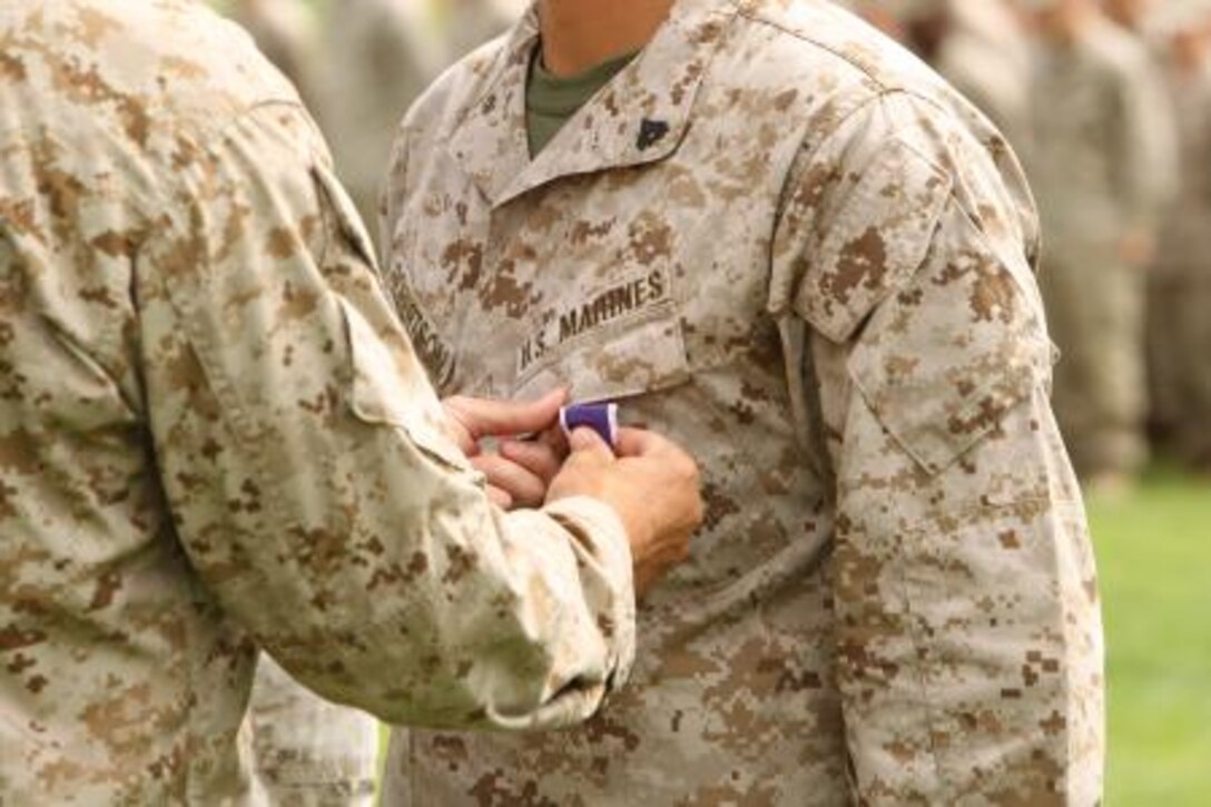 Cpl. Samuel Robertson, A-Gunner, 2nd Battalion, 7th Marine Regiment is pinned with a Purple Heart medal at Lance Cpl. Torrey L. Gray Field Aug. 26, 2013. The Marines earned the medals for their actions while deployed to Afghanistan in support of Operation Enduring Freedom. Robertson’s mine resistant, ambush-protected vehicle was hit by an 80-pound improvised explosive device Feb. 2. Cutler and Schafer were also hit by I.E.D’s while riding in an MRAP March 24. “The Purple Heart was established by Gen. George Washington and is a very respected medal,” Smith said. “We have a lot of good Marines in this unit and we will continue to do what we are trained to do.”


