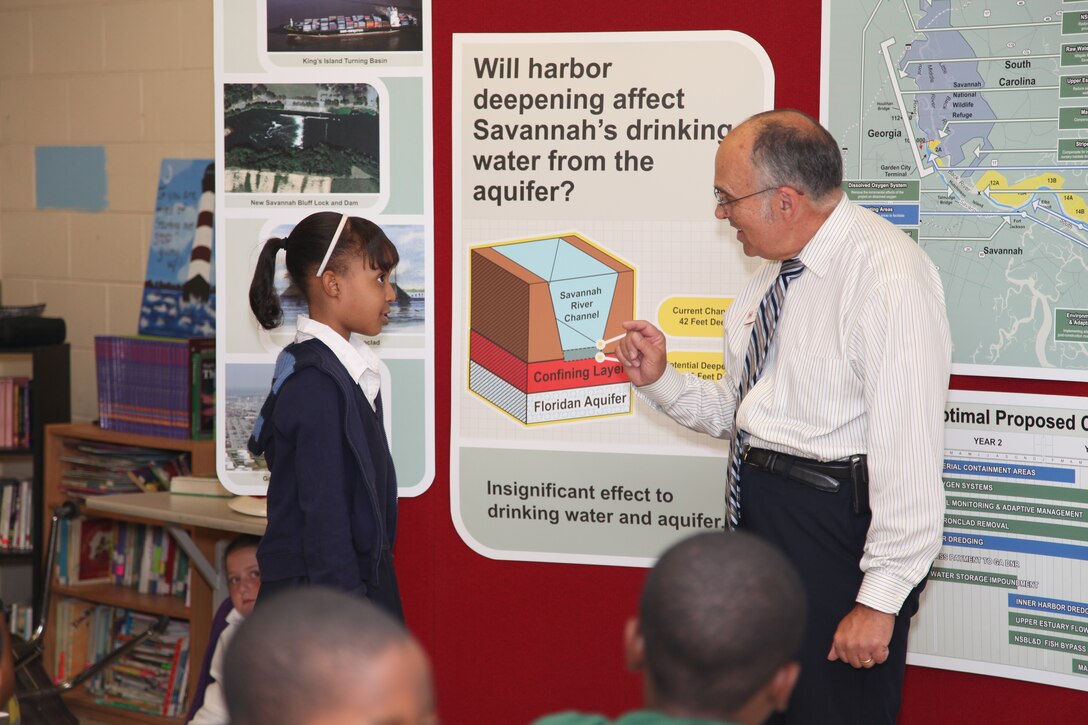 SAVANNAH, Ga. – Billy Birdwell, senior public affairs specialist with the  U.S. Army Corps of Engineers Savannah District, talks with students about the Savannah Harbor Expansion Project (SHEP) at Gould Elementary School, Aug. 27. The presentation was part of the school's special six-week unit of study focusing on the harbor deepening.