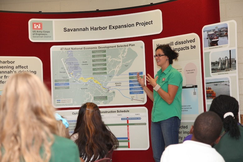 SAVANNAH, Ga. -- Tracy Robillard, public affairs specialist with the  U.S. Army Corps of Engineers Savannah District, talks with students about the Savannah Harbor Expansion Project (SHEP) at Gould Elementary School, Aug. 27. The presentation was part of the school's special six-week unit of study focusing on the harbor deepening.