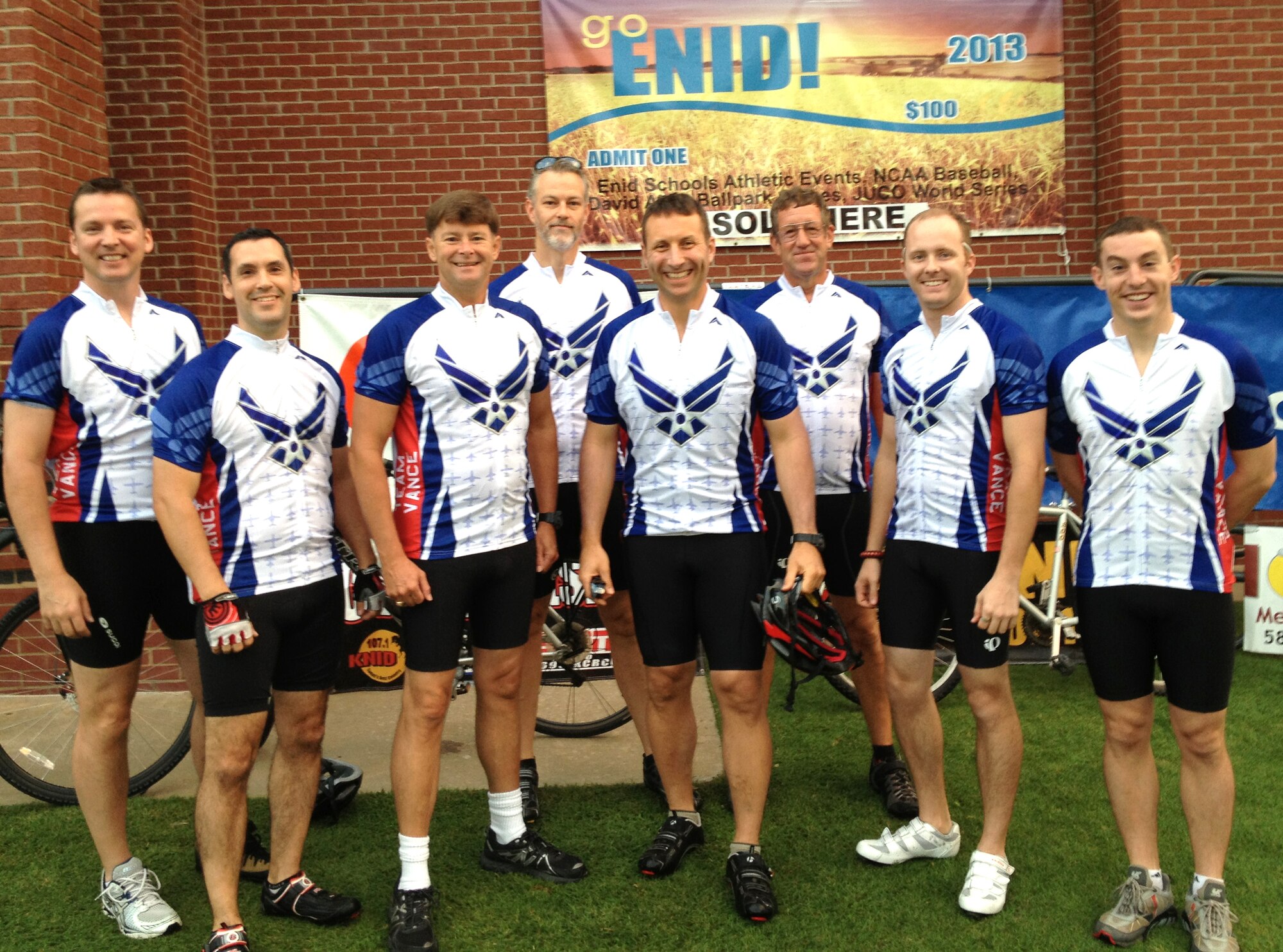 Members of the Vance Air Force Base Cycling Club take a break during the 8th Annual Tour de Trykes and Twilight Criterium bicycle races held Aug. 17 in downtown Enid, Okla. They are, from left, Lt. Col. George "Harry" Truman, Capt. Aaron Stark, Lt. Col. Pete Roller, Chris Sussman, Lt. Col. Will Maher, Randy Hutchcraft, 2nd Lt. Mark Davis and 2nd Lt Jacob Mersino. (Courtesy photo)