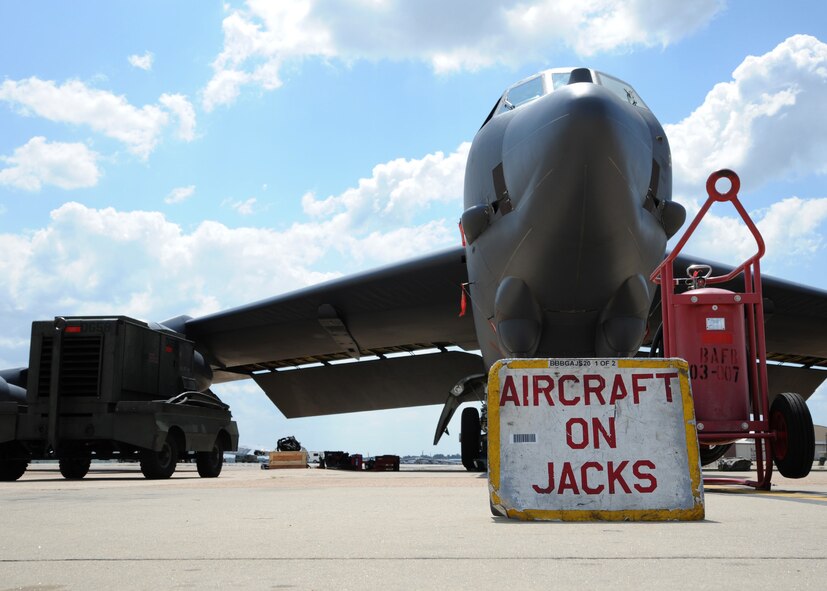 A B-52H Stratofortress sits on jacks on the flightline at Barksdale Air Force Base, La., Aug. 28, 2013. The aircraft was put on jacks for maintenance due to a brake fire that started while the aircraft was taxiing. Five Airmen from the 2nd Aircraft Maintenance Squadron acted quickly by evacuating the aircrew and controlling the fire until Airmen from the Barksdale Fire Department arrived. (U.S. Air Force photo/Senior Airman Joseph Pagán)
