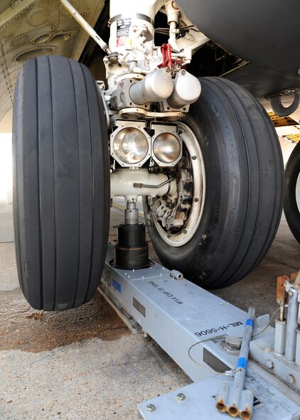 A B-52H Stratofortress sits on jacks on Barksdale Air Force Base, La., Aug. 28, 2013. The aircraft was put on jacks for maintenance due to a brake fire that started while the aircraft was taxiing. The #3 brake, wheel and tire assembly was damaged totaling $50,000 in replacement parts and repair. (U.S. Air Force photo/Senior Airman Joseph Pagán)