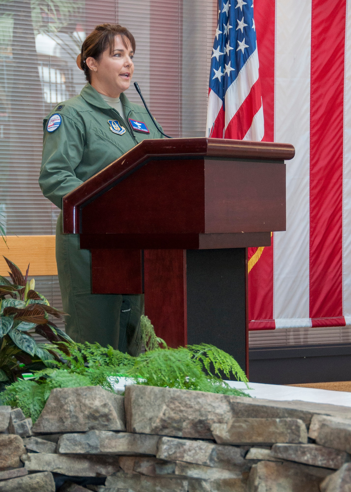 TRAVIS AIR FORCE BASE, Calif. -- Lt. Col. Cristina Soares, the new 79th Air Refueling Squadron commander, addresses the audience during a change of command ceremony Aug. 24, 2013, at Travis Air Force Base, Calif. Soares said she was excited, humbled and honored to serve as commander for the squadron. (U.S. Air Force photo/Tech. Sgt. Rachel Martinez)
