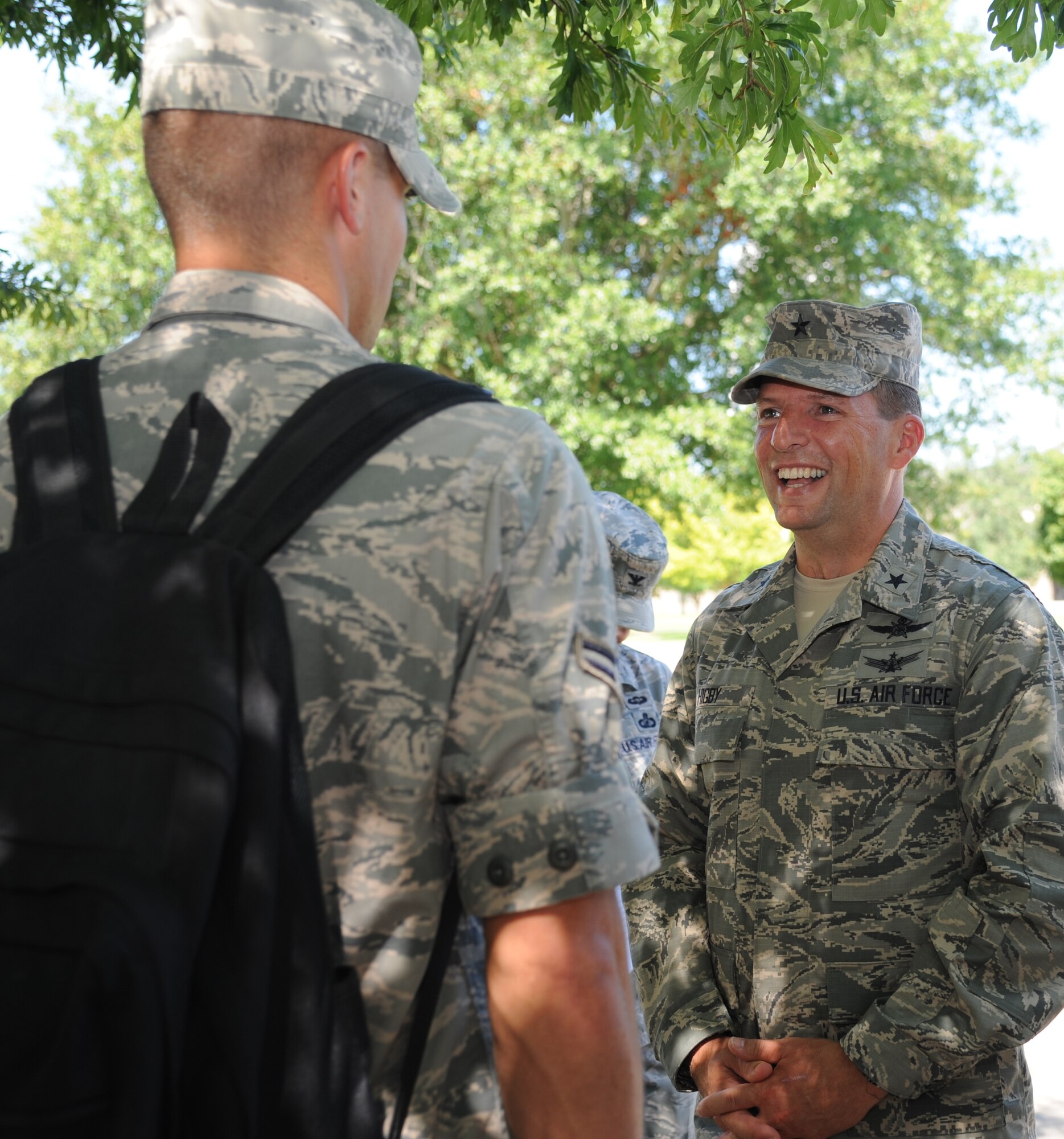 Brig. Gen. Patrick Higby, 81st Training Wing commander, speaks to Airmen leaders during a two-day immersion tour of the 81st Training Group Aug. 26-27, 2013, outside of the Azalea Dining Facility, Keesler Air Force Base, Miss.  The purpose of the tour was to learn the integration of the group’s mission, operations and personnel.  Higby will continue his tour with the 81st Medical Group, 81st Mission Support Group and Wing Staff Agencies over the next couple of weeks.  (U.S. Air Force photo by Kemberly Groue)