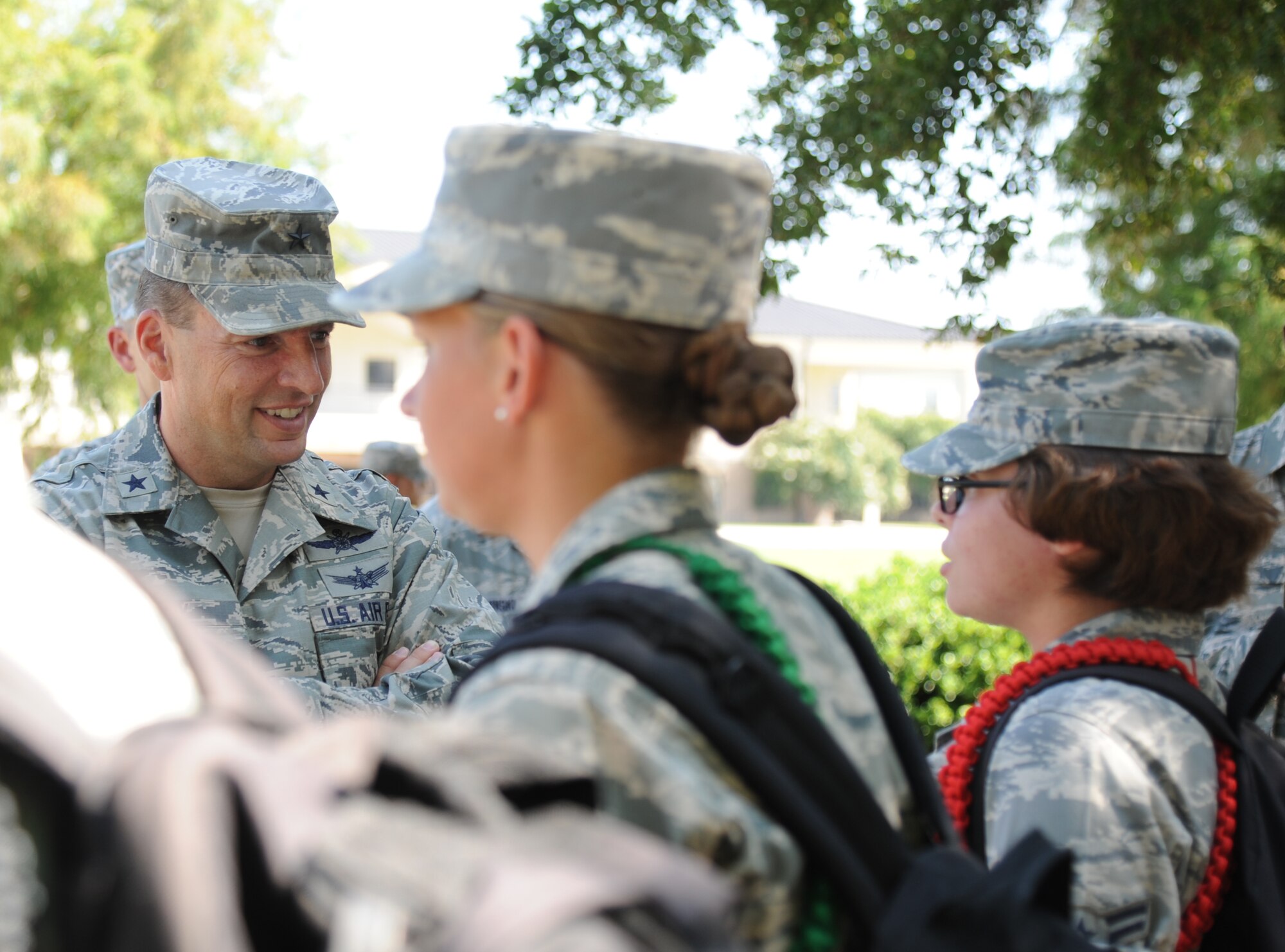 Brig. Gen. Patrick Higby, 81st Training Wing commander, speaks to Airmen leaders during a two-day immersion tour of the 81st Training Group Aug. 26-27, 2013, outside of the Azalea Dining Facility, Keesler Air Force Base, Miss.  The purpose of the tour was to learn the integration of the group’s mission, operations and personnel.  Higby will continue his tour with the 81st Medical Group, 81st Mission Support Group and Wing Staff Agencies over the next couple of weeks.  (U.S. Air Force photo by Kemberly Groue)