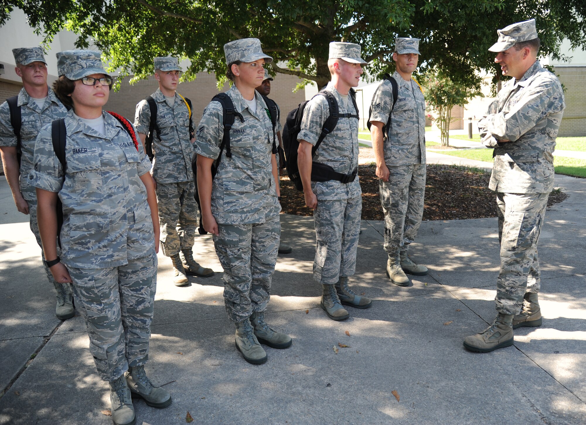 Brig. Gen. Patrick Higby, 81st Training Wing commander, speaks to Airmen leaders during a two-day immersion tour of the 81st Training Group Aug. 26-27, 2013, outside of the Azalea Dining Facility, Keesler Air Force Base, Miss.  The purpose of the tour was to learn the integration of the group’s mission, operations and personnel.  Higby will continue his tour with the 81st Medical Group, 81st Mission Support Group and Wing Staff Agencies over the next couple of weeks.  (U.S. Air Force photo by Kemberly Groue)