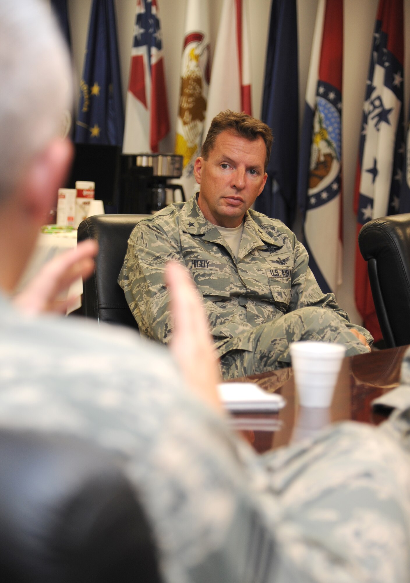 Chief Master Sgt. Robert Winters, 81st Training Group superintendant, provides an overview on the operations of the Military Training Leaders to Brig. Gen. Patrick Higby, 81st Training Wing commander, during his two-day immersion tour of the 81st Training Group Aug. 26-27, 2013, at the Levitow Training Support Facility, Keesler Air Force Base, Miss.  The purpose of the tour was to learn the integration of the group’s mission, operations and personnel.  Higby will continue his tour with the 81st Medical Group, 81st Mission Support Group and Wing Staff Agencies over the next couple of weeks.  (U.S. Air Force photo by Kemberly Groue)
