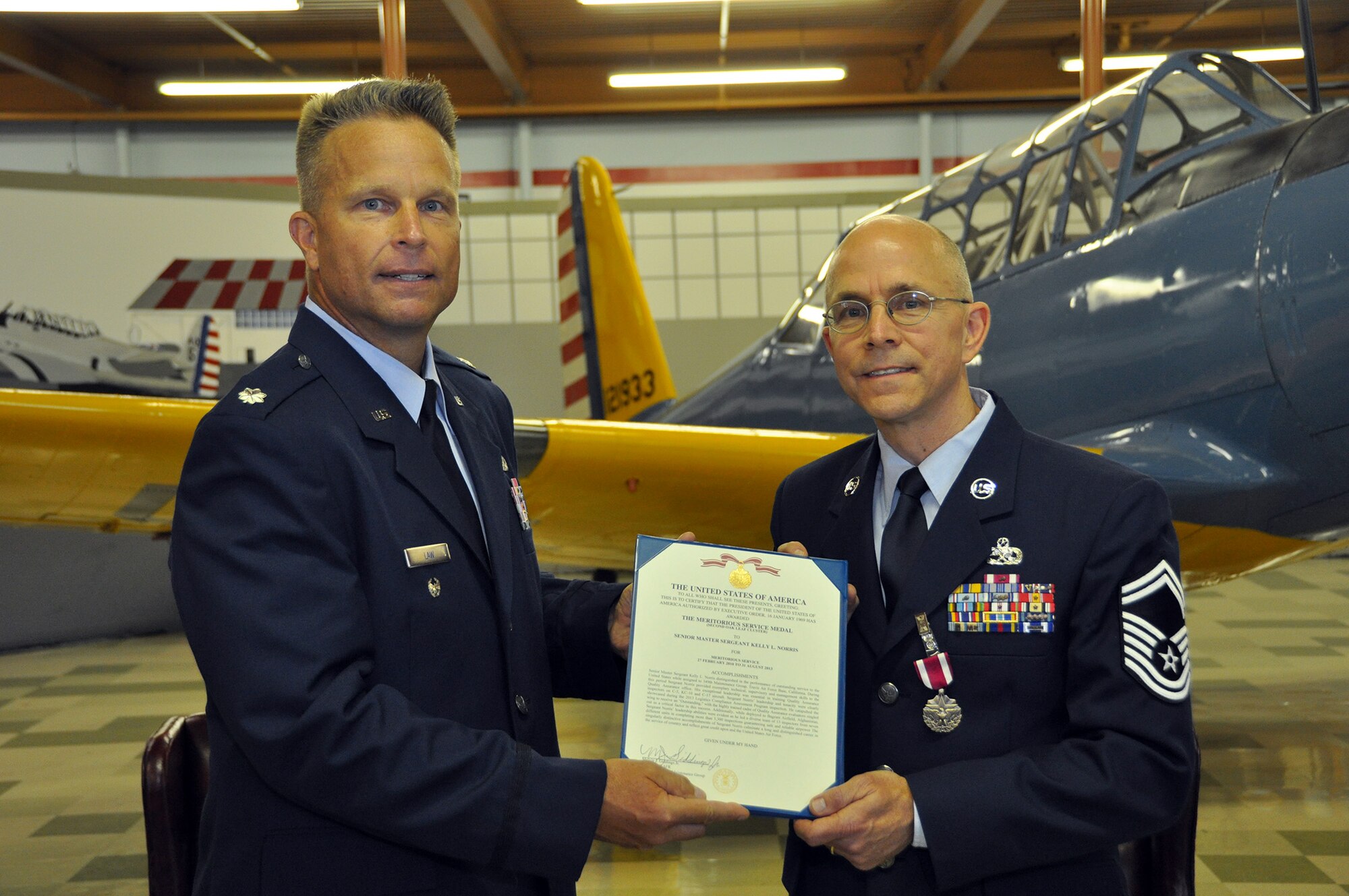 TRAVIS AIR FORCE BASE, Calif. -- Senior Master Sgt. Kelly Norris, 349th maintenance group, at his retirement ceremony held at the Heritage Center, Travis Air Force Base, Calif., Aug. 24, 2013. (U.S. Air Force photo / Senior Master Sgt. Robert Wade) 