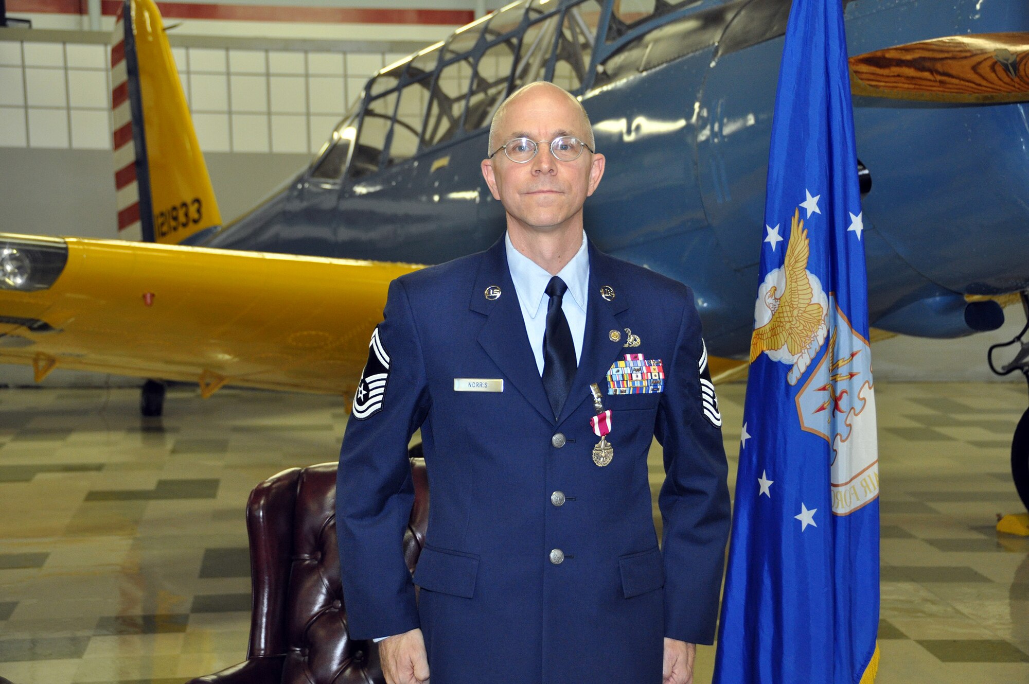 TRAVIS AIR FORCE BASE, Calif. -- Senior Master Sgt. Kelly Norris, 349th maintenance group, at his retirement ceremony held at the Heritage Center, Travis Air Force Base, Calif., Aug. 24, 2013. (U.S. Air Force photo / Senior Master Sgt. Robert Wade) 