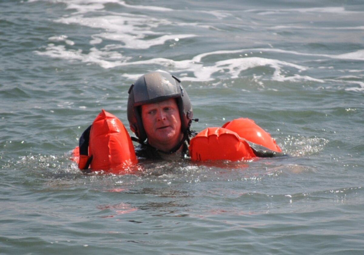 Lt. Col. Scott Baker completes the parachute drag release station during water survival training at North Island Naval Air Station, Calif., in August. The pilot, navigators, engineers and loadmasters in the 152nd Airlift Wing’s Operations Group completed their requisite aircrew intelligence and water survival during the training on the California coast.Photo by Tech. Sgt. Rebecca Palmer, 152nd Airlift Wing Public Affairs (released).