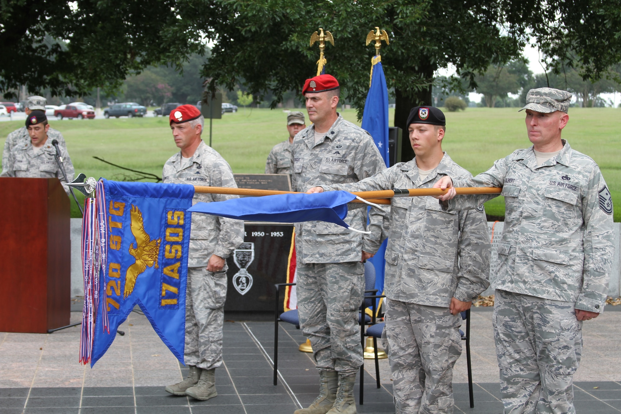 The 17th Air Support Operations Squadron was re-designated the 17th
Special Tactics Squadron by Col. Robert Armfield, 24th Special
Operations Wing commander, during a ceremony Aug. 8, 2013 at Fort Benning, Ga. The primary mission of the 17th STS is to provide special tactics Tactical Air Control Party Airmen to the Army's 75th Ranger Regiment for unconventional operations. (U.S. Air Force photo by Capt. Craig Savage)