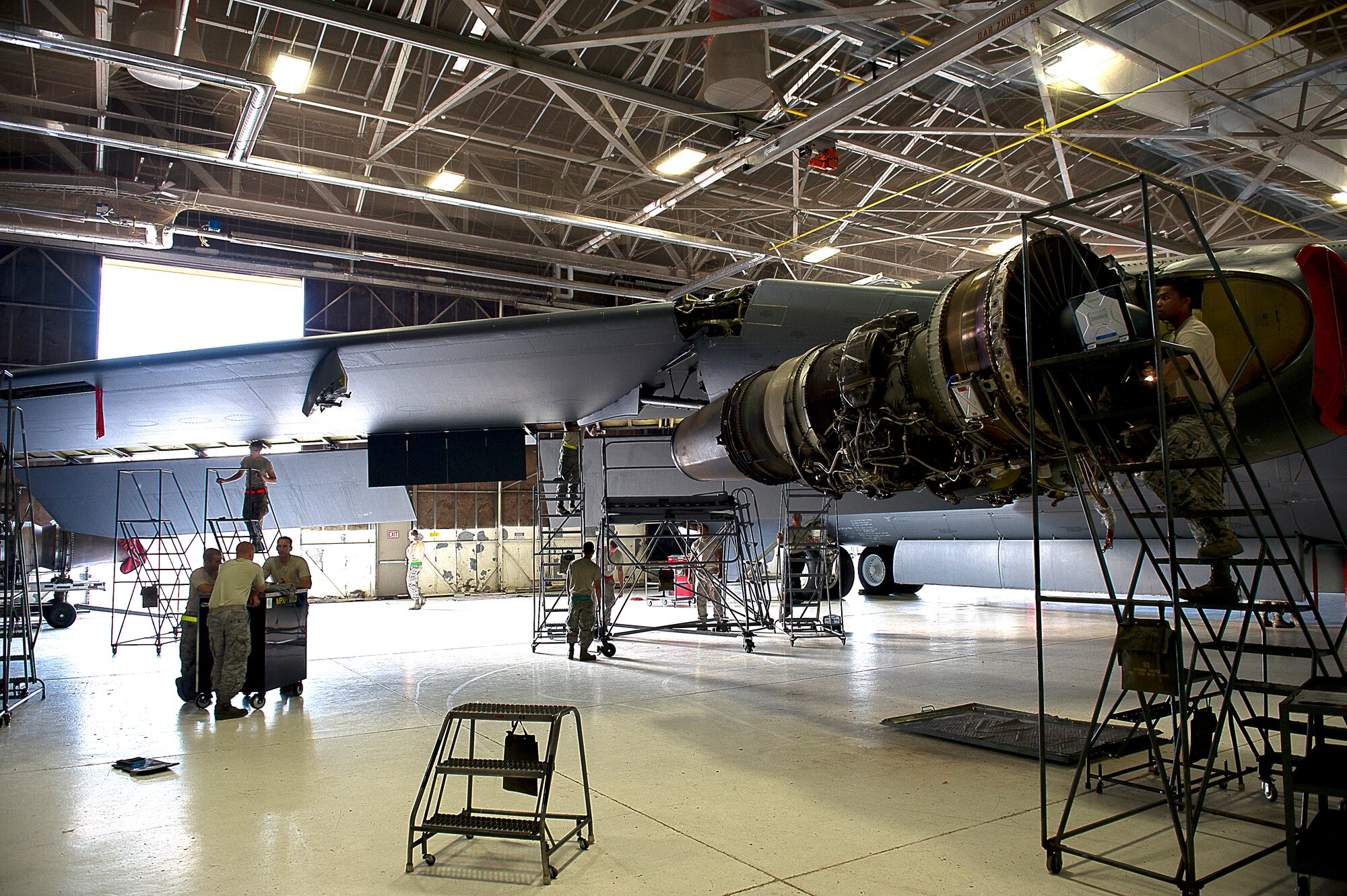 Every 450 flight hours, the B-52H Stratofortress must undergo a full body inspection. Parts are removed, disassembled, inspected and repaired or replaced as necessary and reassembled. This inspection is known as a phase inspection and takes place at the base’s Phase Dock. The B-52 is a complex aircraft and inspections are completed by distinct teams of Airmen from the 5th Maintenance Squadron, who each ensure the dependability of the aircraft parts. 