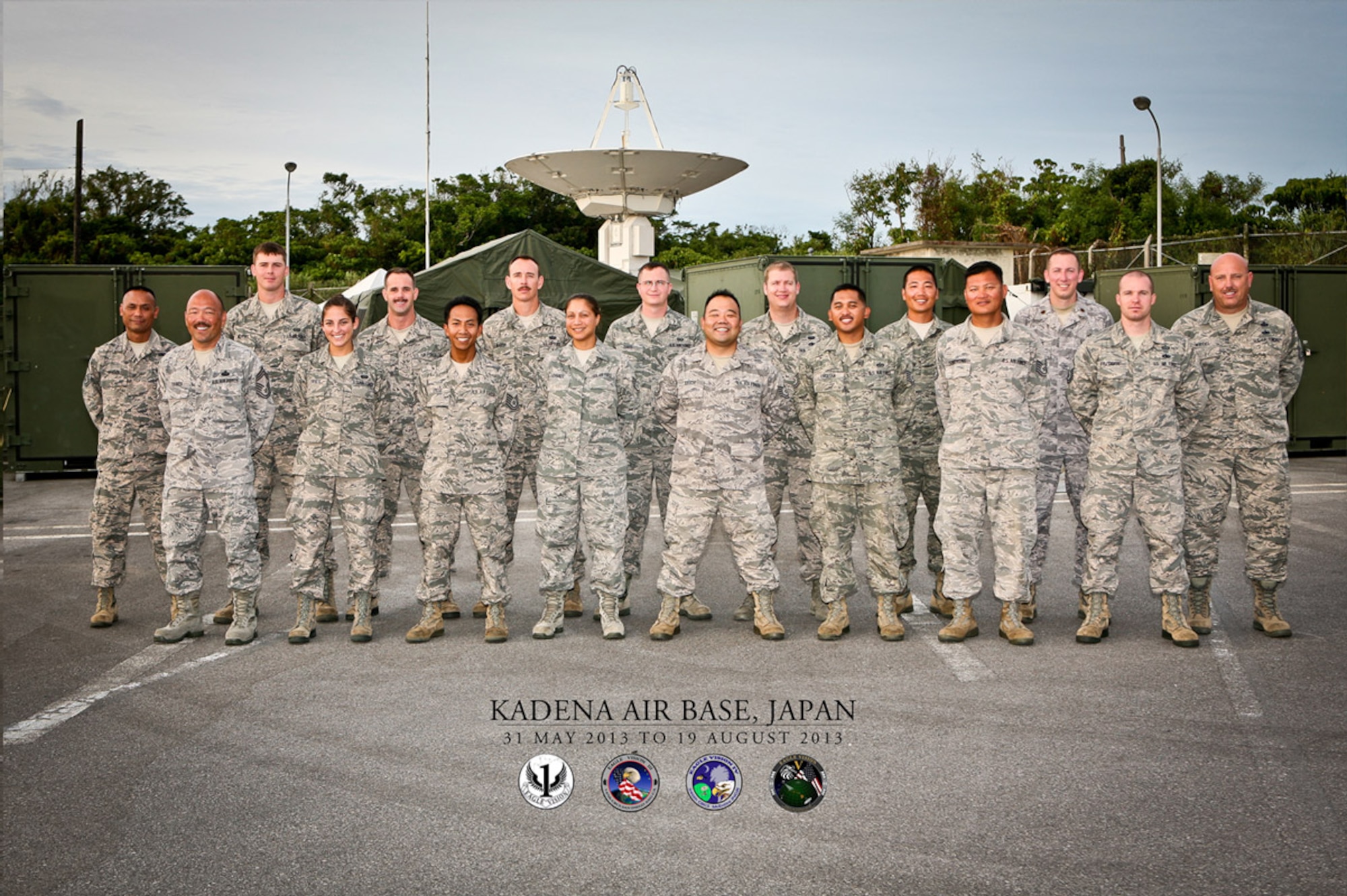 169th Communications Flight Eagle Vision IV (EV4) members standing alongside their active-duty Air Force, Marines and Air National Guard team members supporting a joint operation imagery collections mission for 5th Air Force, Pacific Air Forces (PACAF), during a three- month deployment to Kadena Air Base, Okinawa, Japan.