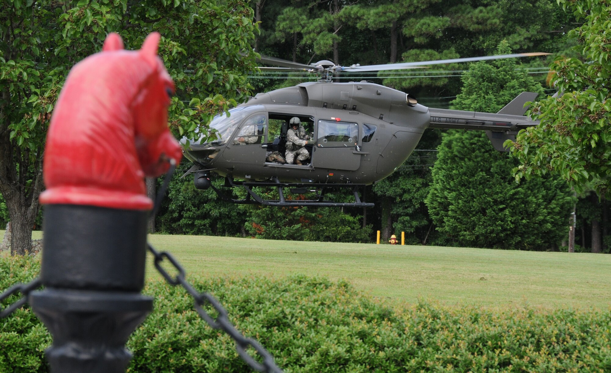 An Army Guard UH-72 Lakota helicopter from the Sandston-based Detachment 1, Company A, 2nd Battalion, 151st Aviation Regiment, Virginia lifts off from Camp Pendleton, Virginia Beach, to gather video images of nearby “targets” as part of a domestic operations exercise, 21 August.  Video feed from the UH-72 Lakota helicopter is sent to the 192nd Intelligence Squadron who process and deliver images to state agency customers. (U.S. Air National Guard photo by Master Sgt. Carlos Claudio/Released).