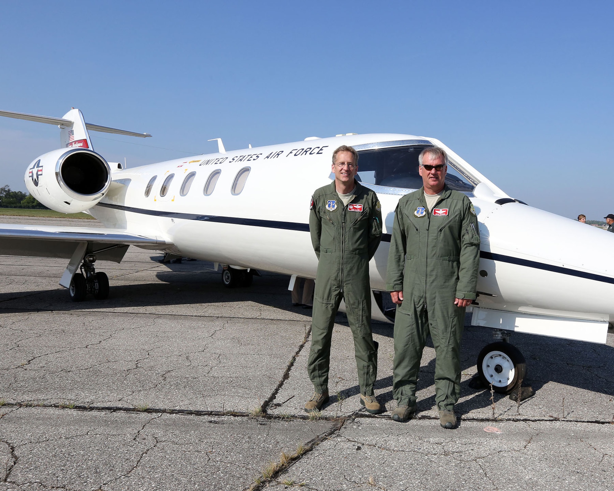 DAYTON, Ohio -- One of the U.S. Air Force’s first Learjet C-21A aircraft landed at the National Museum of the U.S. Air Force on Aug. 28, 2013. Pictured here are pilot Col. Kent Olson (left), commander of the 119th Wing of the North Dakota Air National Guard, and co-pilot Col. Brad Derrig, vice commander of the 119th Wing. (U.S. Air Force photo by Don Popp)