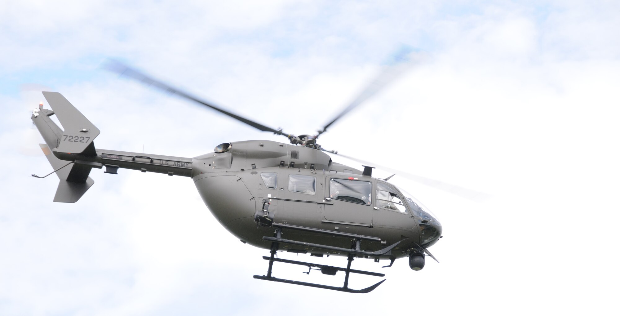 An Army National Guard UH-72 Lakota helicopter heads toward a “target” from Camp Pendleton, Virginia Beach, 21 August.  Video feed from the helicopter is distributed to the 192nd Intelligence Squadron on the ground who process and distribute images to state agency customers.  The agencies make key decisions during natural disasters and emergencies based on what they see on the images. (U.S. Air National Guard photo by Master Sgt. Carlos Claudio/Released).