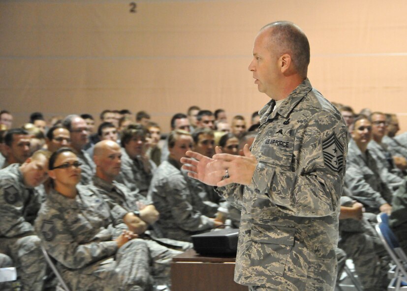 The Command Chief of the Air National Guard, Chief Master Sgt. James W. Hotaling, conducts an All Call Aug. 10 with members of the Montana Air National Guard’s 120th Fighter Wing. The All Call focused on renewing a commitment to the profession of arms, issues that impact the health of the force, and the importance of recognizing and embracing each unit member’s accomplishments.
 (U.S. Air National Guard photo/ Senior Master Sgt. Eric Peterson)
