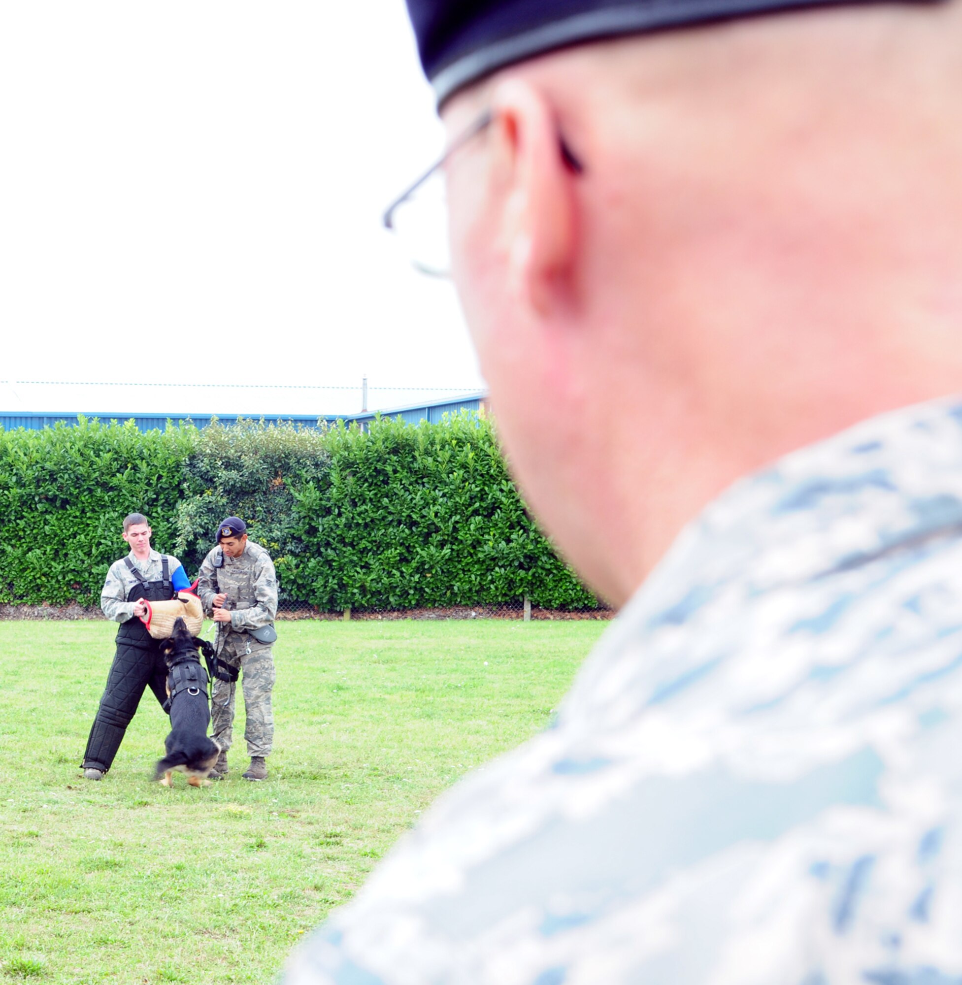 U.S. Air Force Col. Mark Eichin, right, Headquarters U.S. Air Forces in Europe Security Forces chief, from Ramstein Air Base, Germany, watches a military working dog demonstration by U.S. Air Force Senior Airman Thomas Smith, left, 100th Security Forces Squadron response force member from Bayonne, N.J., and U.S. Air Force Senior Airman Gabriel Santiago, 100th SFS MWD handler from San Diego, Calif., and MWD Ferro Aug. 27, 2013, during a site visit on RAF Mildenhall, England. Eichin and U.S. Air Force Chief Master Sergeant George Barkman, HQ USAFE Security Forces manager, toured 100th SFS facilities as part of a site visit in the United Kingdom.  The "Top Cop" has a personal interest in the MWD program as he adopted the second-ever MWD in the Air Force. (U.S. Air Force photo by Karen Abeyasekere/Released)