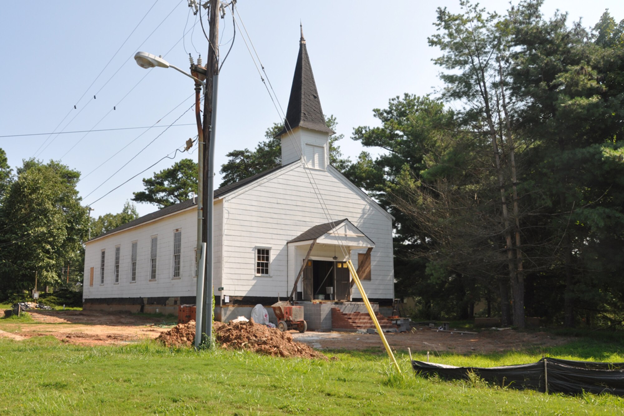 The former Dobbins Chapel sits near the Georgia National Guard Headquarters at the Clay National Guard Center in Marietta, Ga. The chapel has been ongoing renovation since its move from Dobbins Air Reserve Base to Clay in March 17. (U.S. Air Force photo/James Branch)