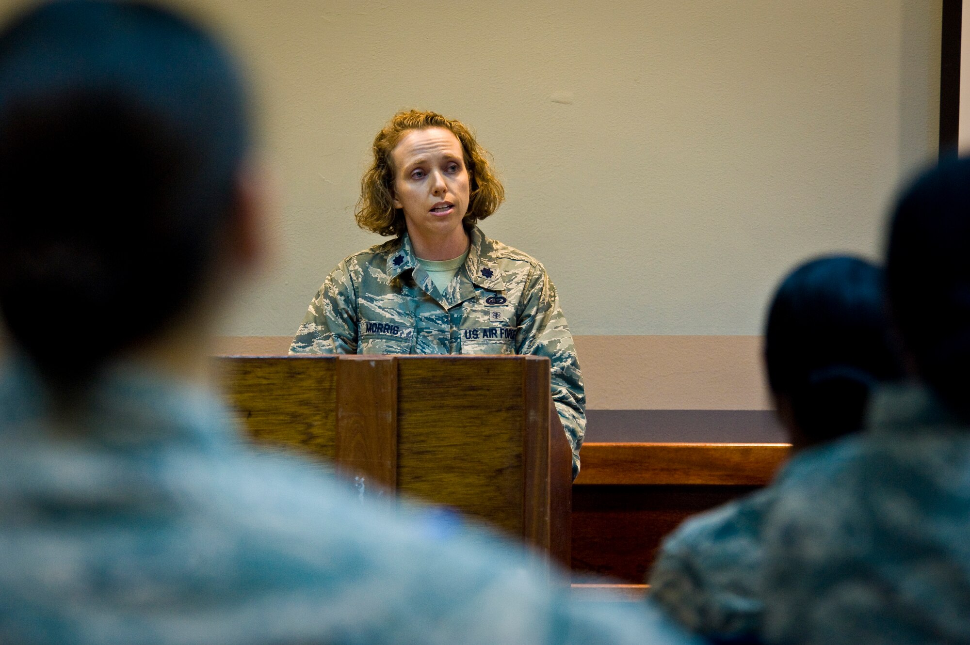 Lt. Col. Sirena Morris addresses women and men alike attending the Women?s Equality Day celebration at the 379th Air Expeditionary Wing in Southwest Asia, Aug. 26, 2013. The colonel?s words and many others quoted during the event served as mentoring points and notes of motivation. Morris is the 379th Expeditionary Force Support Squadron commander and a Fayetteville, N.C., native. (U.S. Air Force photo/Senior Airman Benjamin Stratton)