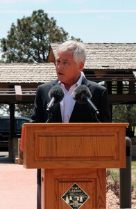 Chuck Hagel is shown addressing the Joint Task Force Carson community about issues and concerns with downsizing and furloughs during an open forum at Manhart Field, June 28, 2013. On Monday, he noted the 40th anniversary of the all-volunteer force. 