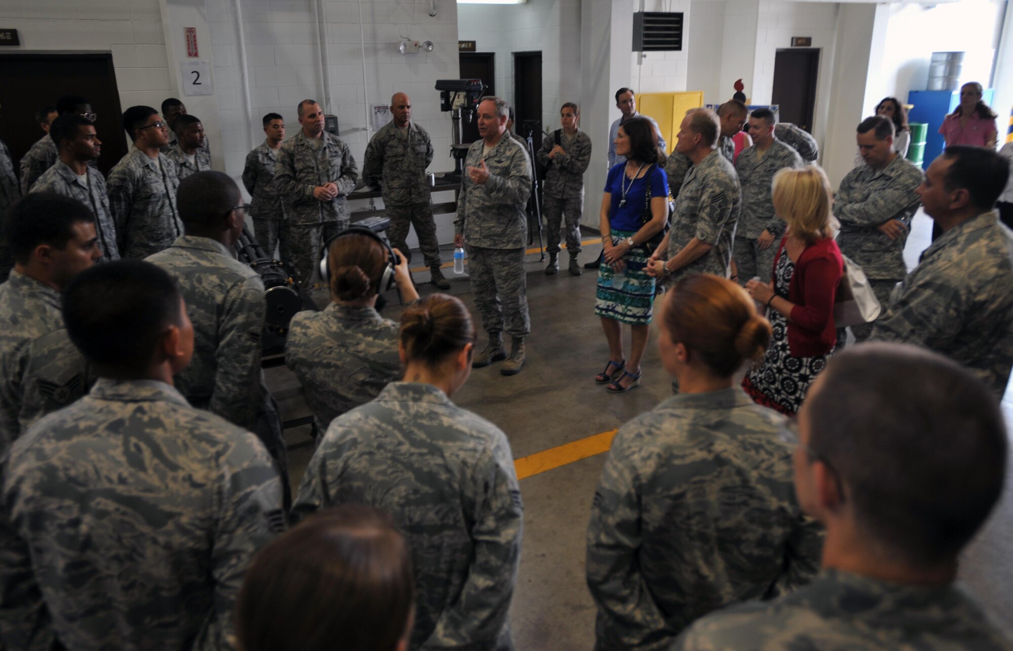 Air Force Chief of Staff Gen. Mark A. Welsh III speaks to members of the 51st Munitions Squadron during his visit to the 51st Maintenance Group Aug. 22, 2013, at Osan Air Base, South Korea. Welsh and Chief Master Sgt. of the Air Force James A. Cody spent two days at Osan AB during their first visit to the Pacific Air Forces. (U.S. Air Force photo/Senior Airman Siuta B. Ika)