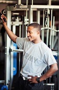 Spc. David Huff takes a break from lifting weights on Joint Base Elmendorf-Richardson in June. Huff will be leaving Alaska in July to attend the U.S. Military Academy Preparatory School as a cadet candidate.