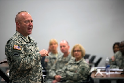 Command Sgt. Maj. Brunk W. Conley, the command sergeant major of the Army National Guard, speaks to the Warrant Officer Senior Advisory Council July 30, 2013 at Fort Lee, Va.