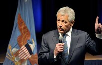 Newly sworn-in 24th Secretary of Defense Chuck Hagel delivers remarks at the Pentagon, Feb. 27, 2013. Hagel announced tougher efforts to combat sexual assault and response efforts in the department Aug. 15, 2013.