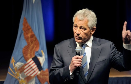 Newly sworn-in 24th Secretary of Defense Chuck Hagel delivers remarks at the Pentagon, Feb. 27, 2013. Hagel announced tougher efforts to combat sexual assault and response efforts in the department Aug. 15, 2013.