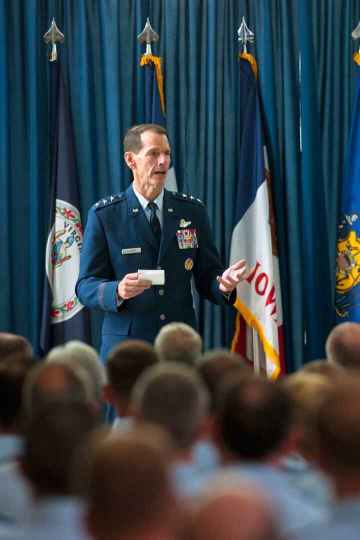 Lt. Gen. Stanley E. Clarke III addresses attendees during a Focus on the Force All-Call event at the ANG Readiness Center, Joint Base Andrews Md., August 14, 2013.