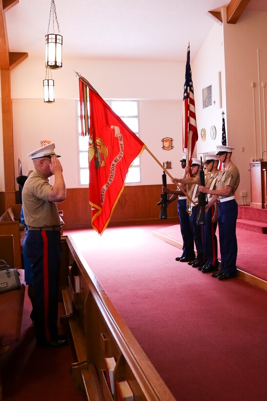 Sgt. Maj. Burton, the Marine Corps Air Station Beaufort sergeant major, retired during the Air
Station Sgt. Maj. Post and Relief Ceremony at the Station Chapel aboard Fightertown, Aug 23.
The ceremony represented the transfer of office from Sgt. Maj. William Burton to Sgt. Maj.
KeCia Jordan, the newly appointed sergeant major for MCAS Beaufort.