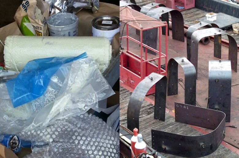 Pictured at left is the experimental composite wrap and primer to be applied underwater to a deteriorated discharge port at the 73-year-old Chickamauga Lock in Chattanooga, Tenn., with the conventional steel wrap displayed at right. Forty days after the Aquawrap was installed and had endured 404 lockages, Nashville District Diver Keith Holley reported Aug. 28, 2013 that, “The material and installation condition looks the same as the day it was put in.” Divers will inspect the Fiber Reinforced Polymer wrap periodically to monitor its durability. (USACE photo by Doug DeLong)