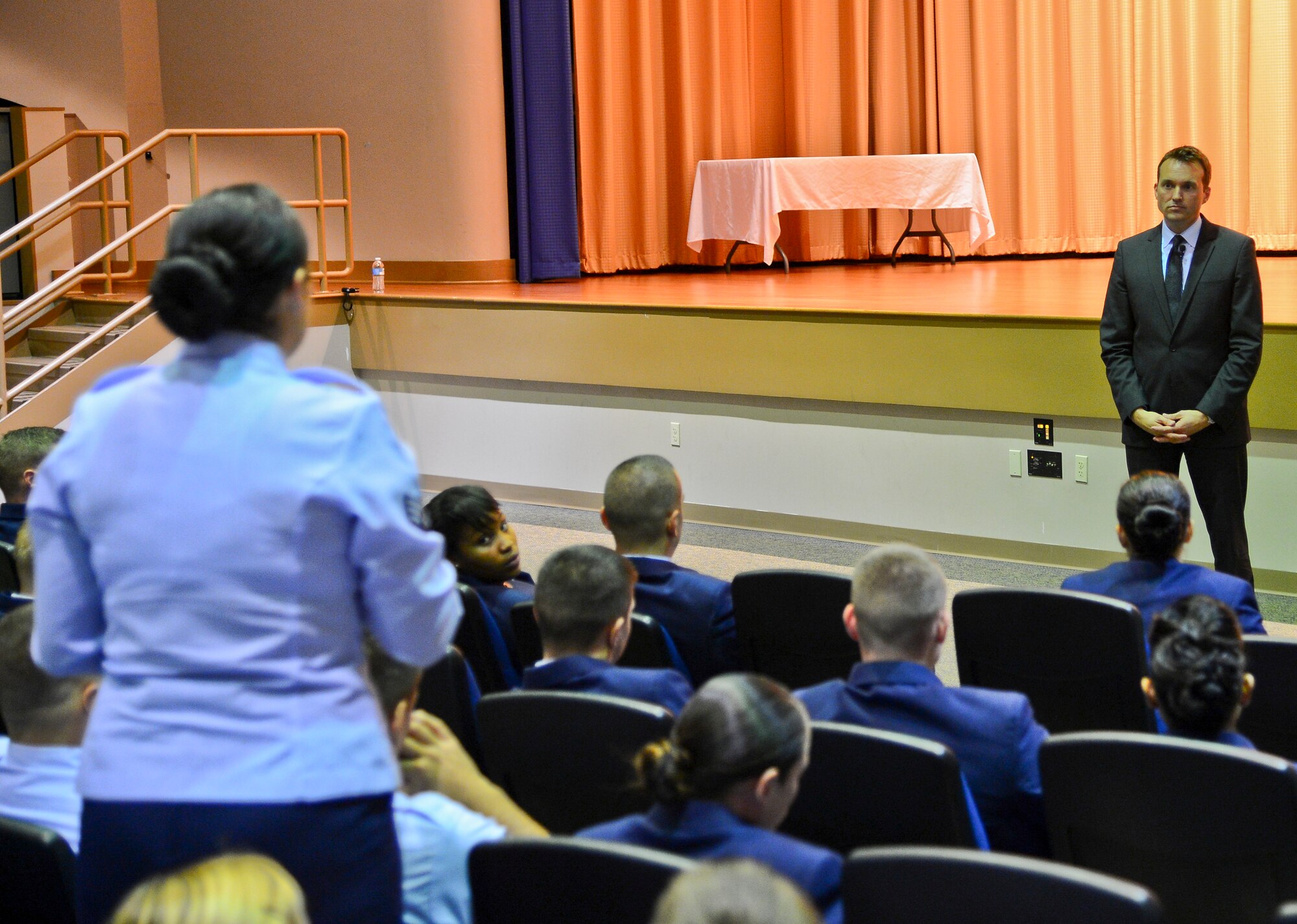 Acting Secretary of the Air Force Eric Fanning addresses questions of MacDill Air Force Base's Airmen during an "all-call" at the base theater, MacDill Air Force Base, Fla., Aug. 29, 2013. Fanning spoke about Air Force related topics and then opened the floor for questions. (U.S. Air Force photo by Airman 1st Class Ned T. Johnston/Released)