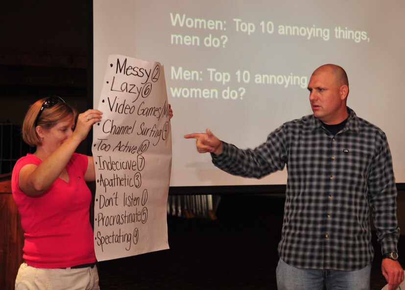 Chaplain (Capt.) Jeremy Bastian, 336th Training Group, goes over a list of the top ten annoying things listed that spouses do during a marriage retreat at Silver Mountain Resort in Kellogg, Idaho, Aug. 24, 2013.The purpose of the marriage retreat was to build resilient marriages by creating an environment where couples could focus on their relationships and bring attention to how they might be able to improve their marriage. (U.S. Air Force photo/Staff Sgt. Michael Means)