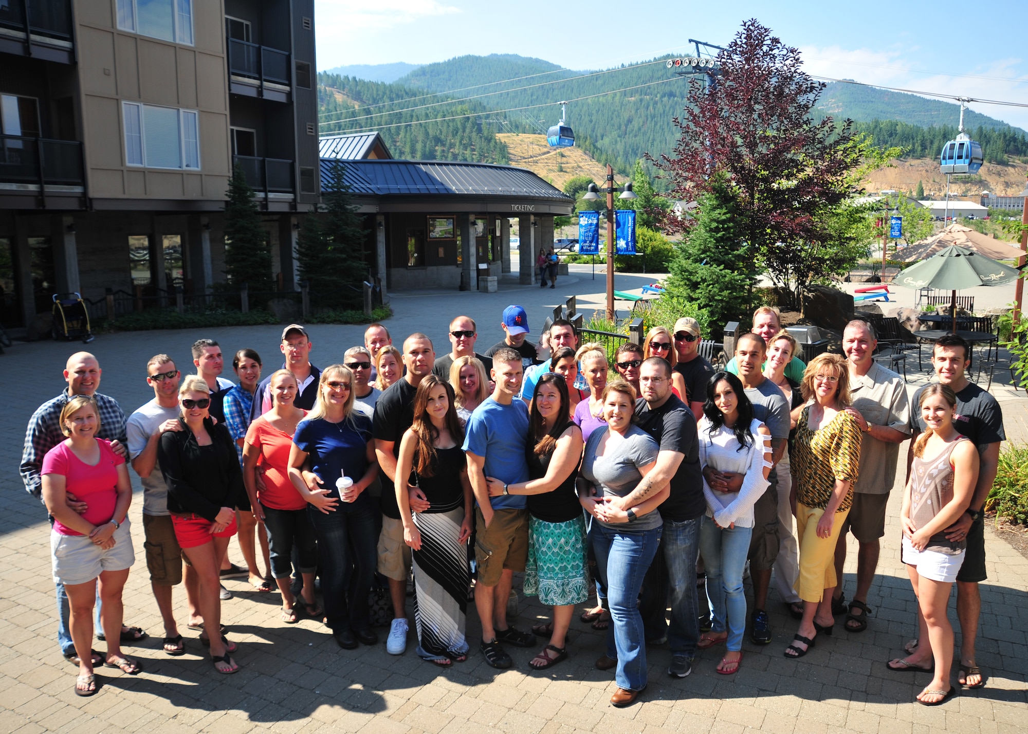 Members of the 336th Training Group and their spouses pose for a photo at Silver Mountain Resort in Kellogg, Idaho, Aug. 24, 2013. The 336th TRG chaplain's office hosted a marriage retreat for members of the group to help build resilient marriages. (U.S. Air Force photo by Staff Sgt. Michael Means/Released)