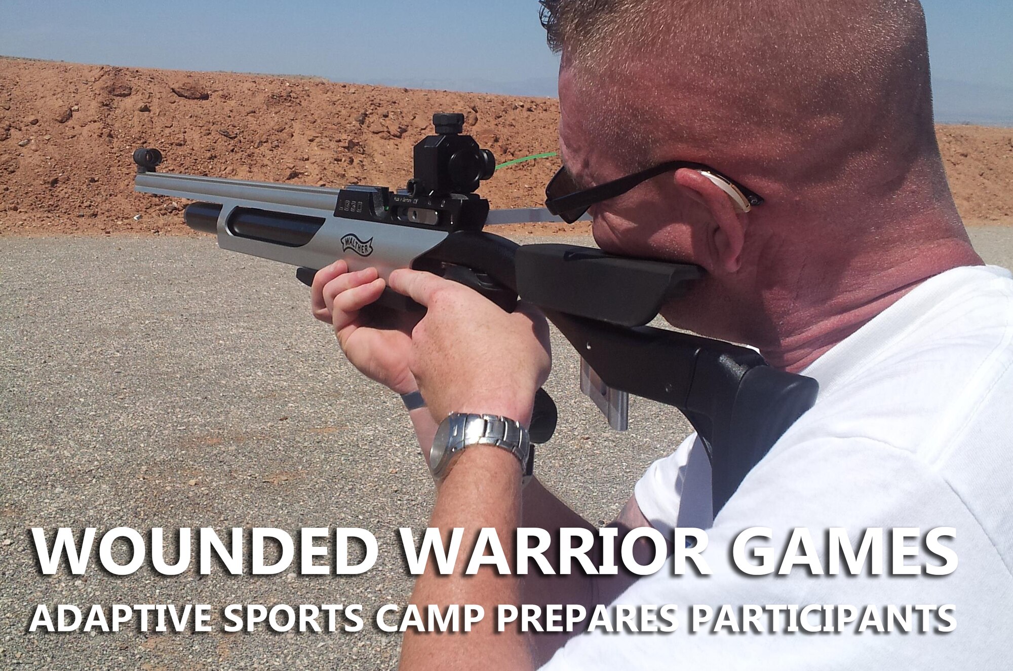 Maj. Andrew Green aims during target practice at the firing range on Kirtland Air Force Base, N.M. Green suffered a serious spinal injury from a mortar blast during a deployment to Iraq in 2004, which he later reinjured during a deployment to Afghanistan in 2009. Green plans to compete for a spot on the Air Force Warrior Games team this September at Joint Base San Antonio-Randolph. (Courtesy Photo)
