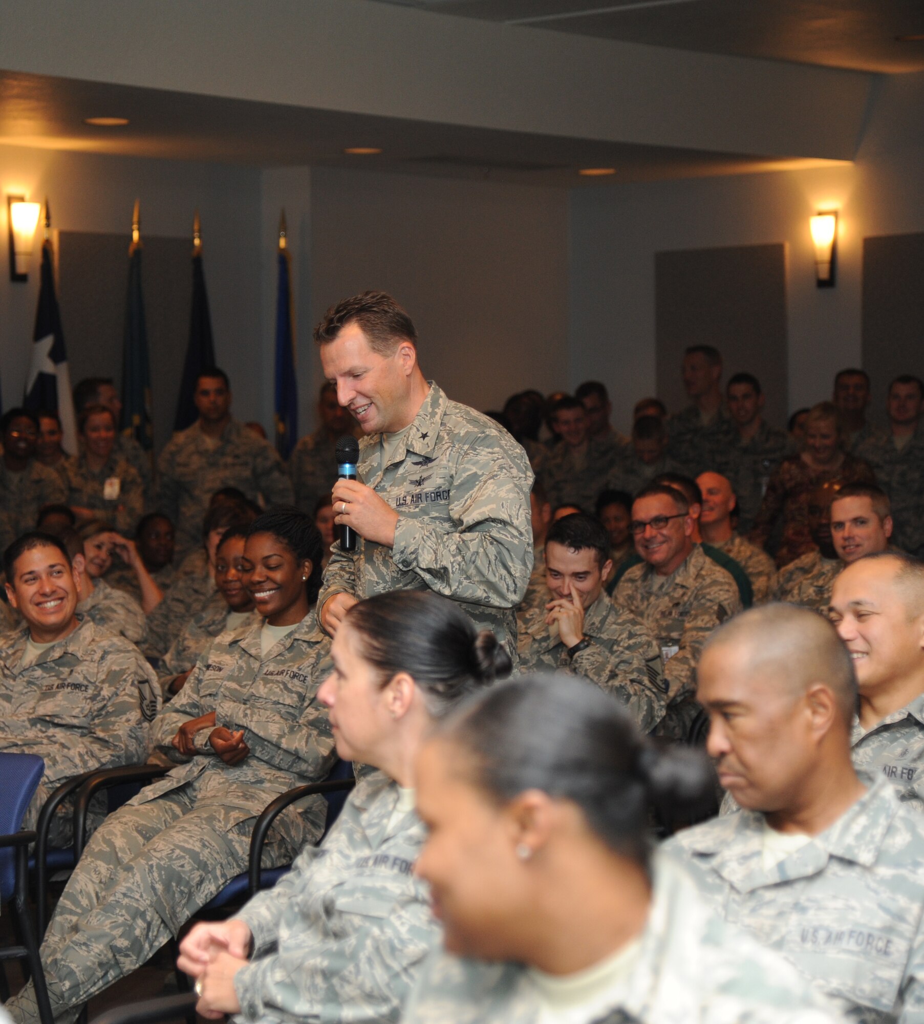 Brig. Gen. Patrick Higby, 81st Training Wing commander, holds his first commander’s call at the 81st Medical Group Aug. 29, 2013, at Keesler Air Force Base, Miss.  The purpose for the commander’s calls is for Higby to set the tone of his command and to provide the men and women of the 81st TRW an opportunity to know a little about himself, his expectations and rules of engagement.  (U.S. Air Force photo by Kemberly Groue)