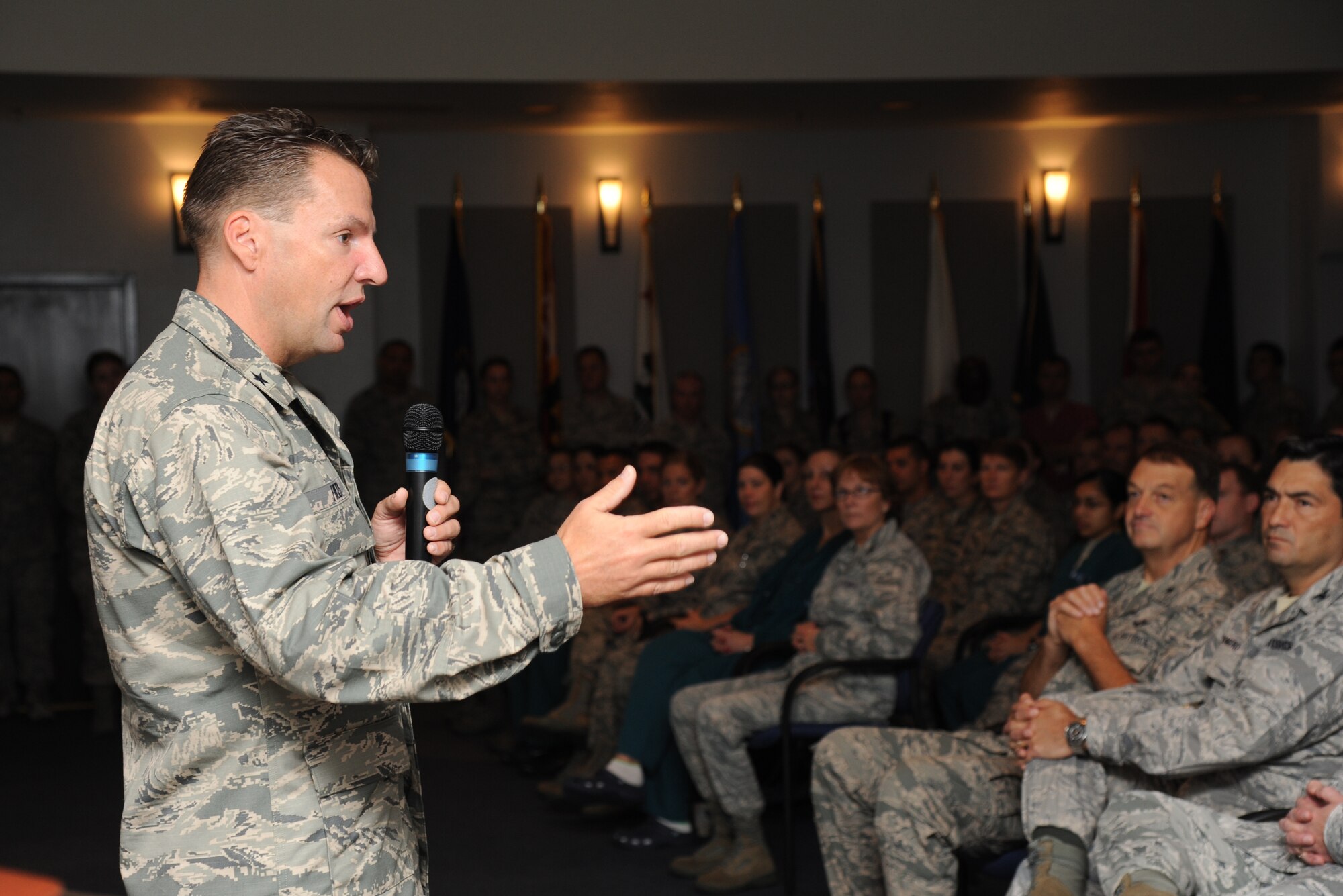 Brig. Gen. Patrick Higby, 81st Training Wing commander, holds his first commander’s call at the 81st Medical Group Aug. 29, 2013, at Keesler Air Force Base, Miss.  The purpose for the commander’s calls is for Higby to set the tone of his command and to provide the men and women of the 81st TRW an opportunity to know a little about himself, his expectations and rules of engagement.  (U.S. Air Force photo by Kemberly Groue)