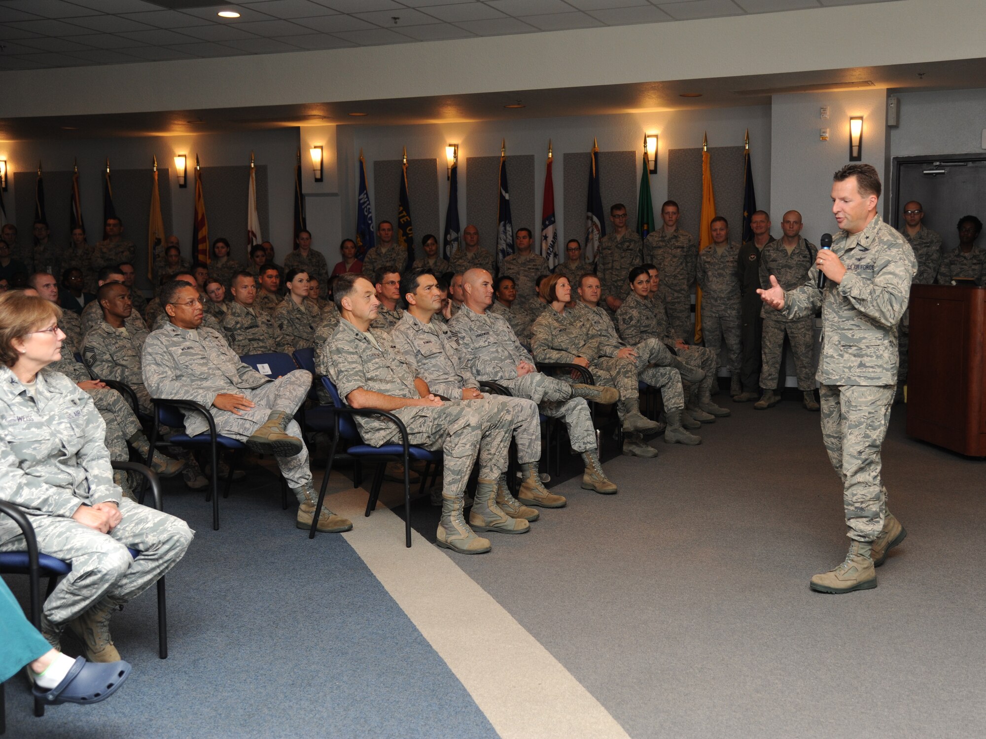 Brig. Gen. Patrick Higby, 81st Training Wing commander, holds his first commander’s call at the 81st Medical Group Aug. 29, 2013, at Keesler Air Force Base, Miss.  The purpose for the commander’s calls is for Higby to set the tone of his command and to provide the men and women of the 81st TRW an opportunity to know a little about himself, his expectations and rules of engagement.  (U.S. Air Force photo by Kemberly Groue)