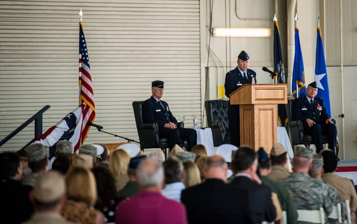 Col. Jeffrey DeVore addresses the crowd for the first time as commander of the 628th Air Base Wing and JB Charleston during the Change of Command ceremony, Aug. 29, 2013, at JB Charleston – Air Base. DeVore, previously the commander of the 386th Expeditionary Operations Group, Southwest Asia, officially assumed command from Col. Richard McComb during the change of command ceremony. McComb will be assuming duties at the Pentagon, Washington D.C. As the JB Charleston commander, McComb provided installation support to a total force of more than 86,000 Airmen, Sailors, Soldiers, Marines, Coast Guardsmen, civilians, dependents and retirees across both the Air Base and Weapons Station. (U.S. Air Force photo/ Senior Airman Dennis Sloan)