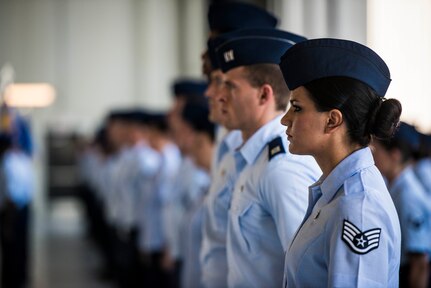 Airmen stand at attention in their respective squadron formations during the JB Charleston Change of Command ceremony, Aug. 29, 2013, at JB Charleston – Air Base. Col. Jeffrey DeVore previously the commander of the 386th Expeditionary Operations Group, Southwest Asia, officially assumed command from Col. Richard McComb during the change of command ceremony. McComb will be assuming duties at the Pentagon, Washington D.C. As the JB Charleston commander, McComb provided installation support to a total force of more than 86,000 Airmen, Sailors, Soldiers, Marines, Coast Guardsmen, civilians, dependents and retirees across both the Air Base and Weapons Station. (U.S. Air Force photo/ Senior Airman Dennis Sloan)
