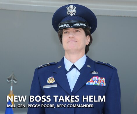 Maj. Gen. Peggy Poore accepted command of the Air Force Personnel Center from Lt. Gen. Darrell Jones, the Air Force deputy chief of staff for manpower, personnel and services, during the AFPC change of command ceremony Aug. 1, 2013, at Joint Base San Antonio-Randolph, Texas. Relinquishing command was Maj. Gen. A.J. Stewart, who commanded AFPC since Aug. 6, 2010. (Courtesy Photo)