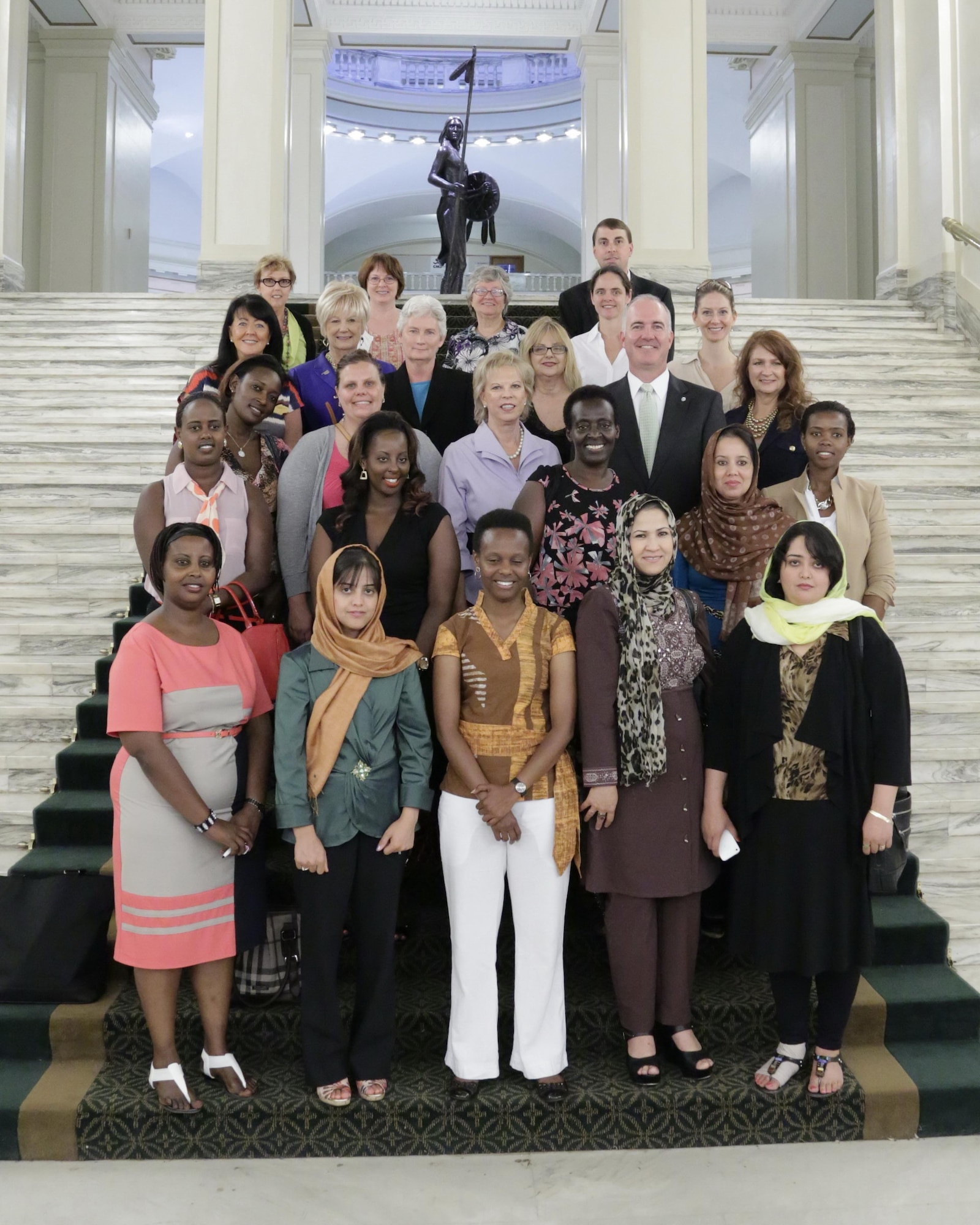 Katie Ward, second from left on the third row up, recently spoke with nine women in their mid-30s from Rwanda and Afghanistan during a roundtable at the Oklahoma Capitol. Ms. Ward is a program manager in the Air Force Life Cycle Management Center. (Courtesy photo)