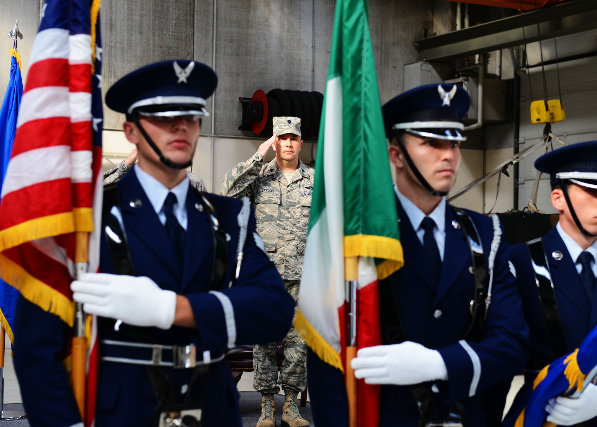 Lt. Col. Stephen Carocci, 603rd Air Control Squadron commander, salutes the colors during an inactivation ceremony, Aug. 29, 2013, at Aviano Air Base, Italy. The 603rd ACS was inactivated for the fourth time since its original activation, Dec. 31, 1945. (U.S. Air Force photo/Airman Ryan Conroy) 