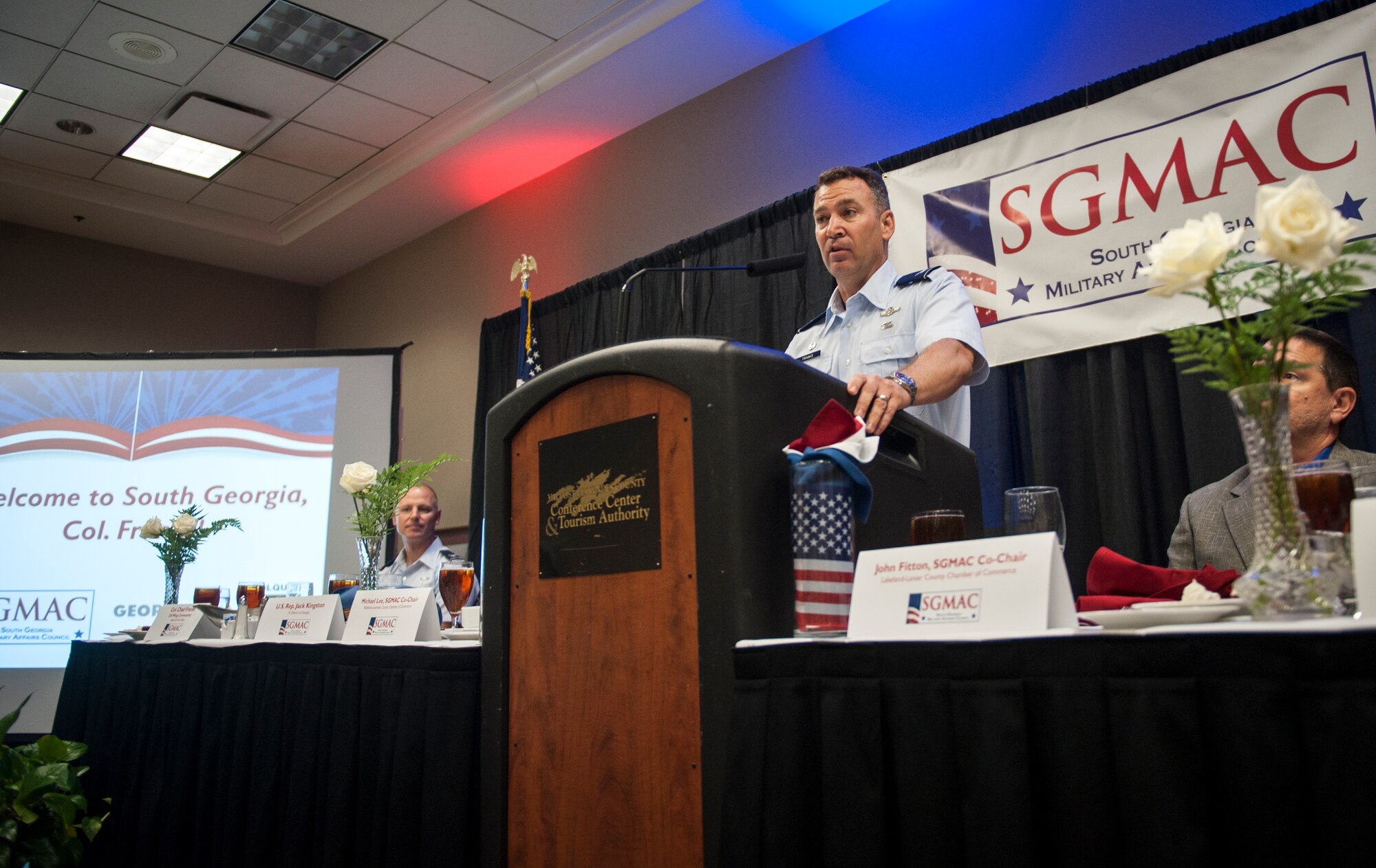 U.S. Air Force Col. Chad Franks, 23d Wing commander, speaks during the South Georgia Military Affairs Council luncheon in Valdosta, Ga., Aug. 23, 2013. Franks spoke about the mission of Moody Air Force Base, Ga., and his previous experiences working with the Valdosta community. (U.S. Air Force photo by Senior Airman Jarrod Grammel/Released)
